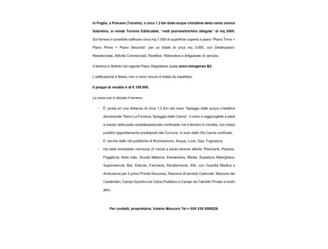 Anteprima foto 4 - Terreno Edificabile Residenziale in Vendita a Pulsano (Taranto)